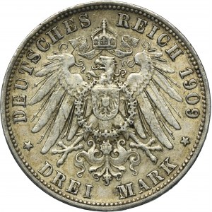 Allemagne, Royaume de Württemberg, Guillaume II, 3 marks Stuttgart 1909 F