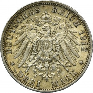 Germany, Kingdom of Württemberg, Wilhelm II, 3 Mark Stuttgart 1912 F