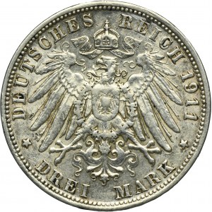 Germany, Bavaria, Regent Luitpold, 3 Mark Munich 1911 D