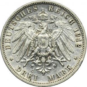 Nemecko, Württemberské kráľovstvo, Wilhelm II, 3 marky Stuttgart 1912 F