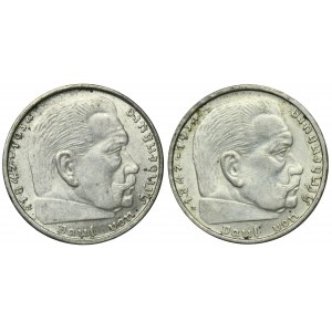 Ensemble, Allemagne, Troisième Reich, Paul von Hindenburg, 2 Marks Vienne 1939 B (2 pièces).