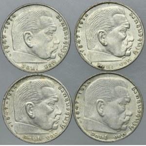 Set, Germany, Third Reich, Paul von Hindenburg, 2 Mark 1937 and 1939 (4 pcs.)