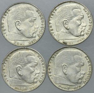 Zestaw, Niemcy, Trzecia Rzesza, Paul von Hindenburg, 2 Marki 1937 i 1939 (4 szt.)