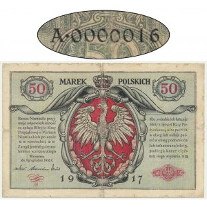 50 marek 1916 - Jenerał - A 0000016 - NIEZWYKLE NISKI NUMER
