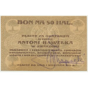 Krakow, Antoni Hawełka, 50 halers 1919 - unlisted signature