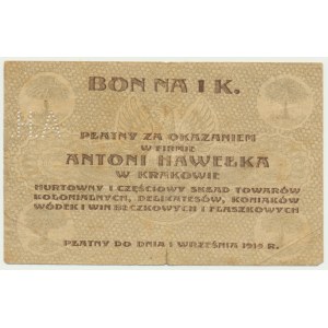 Krakow, Antoni Hawełka, 1 crown 1919 - RARE