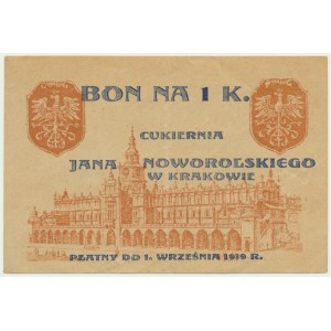 Kraków, Cukiernia Jana Noworolskiego, 1 korona 1919 - numerator odręczny