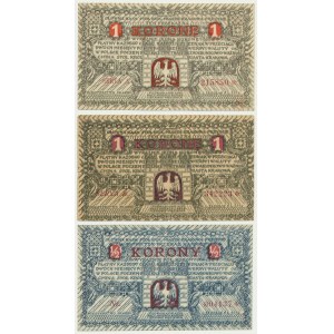 Cracovie, 1/2 couronne et 2x 1 couronne 1919 (3 pièces)