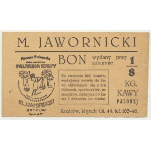 Krakov, pražiareň kávy M. Jawornicki, poukážka vydaná na nákup 1/8 kg kávy