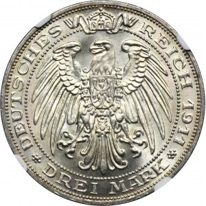 Niemcy, Królestwo Prus, Wilhelm II, 3 Marki Berlin 1911 A - NGC MS64