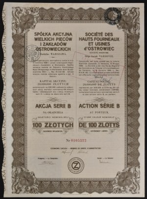 Joint Stock Company of the Great Furnaces and Ostrowiec Works, 100 zloty, series B