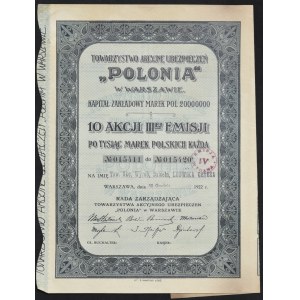 Polonia Insurance Joint Stock Company, 10 x 1,000 mkp 1922, Issue III