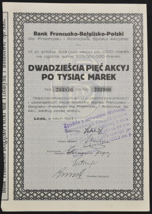 Francouzsko-belgicko-polská banka pro průmysl a zemědělství S.A., 25 x 1 000 mkp 1923, emise VI