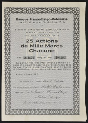 Francouzsko-belgicko-polská banka pro průmysl a zemědělství S.A., 25 x 1 000 mkp 1923, emise VI