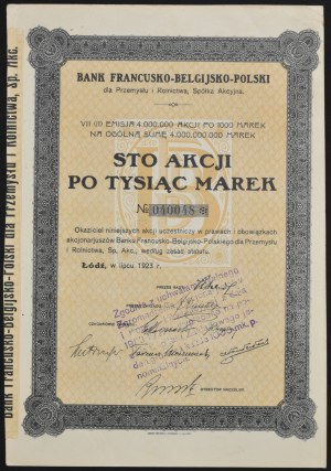 Francouzsko-belgicko-polská banka pro průmysl a zemědělství S.A., 100 x 1 000 mkp 1923, emise VII