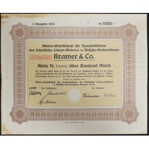 AG für Handelsstätten der Schlesische Leinen-Weberei u. Wäsche-Versandhaus Kramer &amp; Co., 1,000 marks 1922
