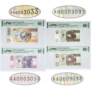 Zestaw, 10-200 złotych 1994-2012 - PMG 65-67 EPQ (4 szt.) - IDENTYCZNY NUMER AA i AH 0003033