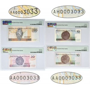 Zestaw, 10-200 złotych 1994-2012 - PMG 65-67 EPQ (4 szt.) - IDENTYCZNY NUMER AA i AH 0003033