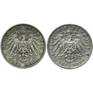 Zestaw, Niemcy, Królestwo Prus i Królestwo Saksonii, 3 Marki 1908 i 1909 (2 szt.)
