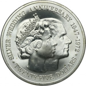 Cayman Islands, Elizabeth II, 25 Dollars Ottawa 1972 - Silver Anniversary