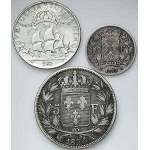 Set, France and Sweden, Louis XVIII and Gustav V, 1 Franc, 5 Francs and 2 Kronor (3 pcs.)