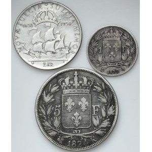 Sada, Francúzsko a Švédsko, Ľudovít XVIII. a Gustáv V., 1 frank, 5 frankov a 2 koruny (3 kusy).