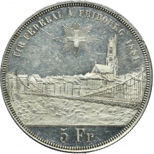 Switzerland, 5 Francs Bern 1881 - Shooting Festival in Fribourg