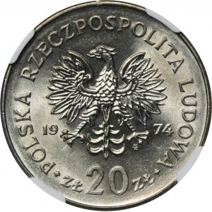 20 złotych 1974 Nowotko - NGC AU58 - RZADKI, MAŁY ORZEŁ