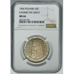 10 złotych 1964 Kazimierz Wielki - NGC MS66 - wypukły napis na awersie