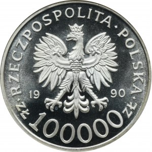 100.000 złotych 1990 Solidarność - NGC MS68 - ODWRÓCONA FLAGA