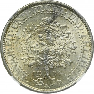 Niemcy, Republika Weimarska, 5 Marek Berlin 1931 A - Dąb - NGC MS64