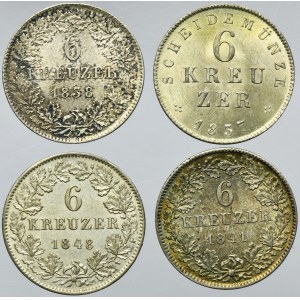 Zestaw, Niemcy, Wielkie Księstwo Hesji-Darmstadt, 6 Krajcarów 1837-1848 (4 szt.)