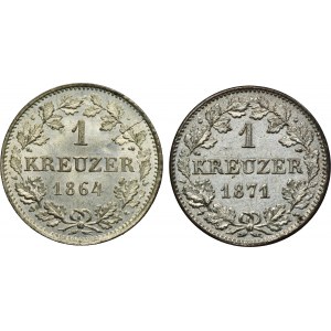 Set, Germany, Grand Duchy of Hessen-Darmstadt, Ludwig III, 1 Krajcar 1864 and 1871 (2 pcs.)