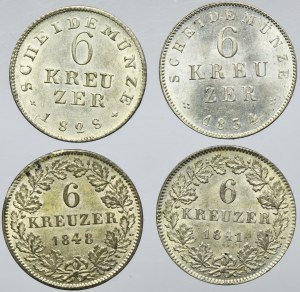Set, Grand Duchy of Hessen-Darmstadt, 6 Kreuzer 1828-1848 (4 pcs.)