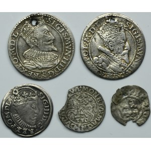Sada, Poľsko, Jan I. Olbracht, Žigmund II. August a Žigmund III. Vaza, polgroš, troják a šesták (5 kusov).
