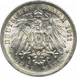 Germany, Wirtemberg, William II, 3 Mark Stuttgart 1911 F