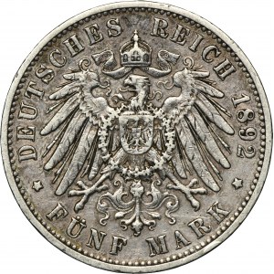 Germany, Kingdom of Württemberg, William II, 5 Mark Stuttgart 1892 F