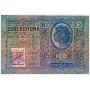 Czechosłowacja, 1 korona 1919 na 100 koronach 1912 - fałszywy znaczek