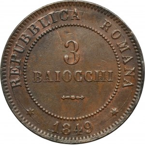 Italy, Roman Republic, 3 Baiocchi Rome 1849