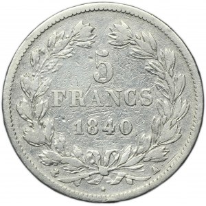 France, Louis Philippe I, 5 Francs Paris 1840 A