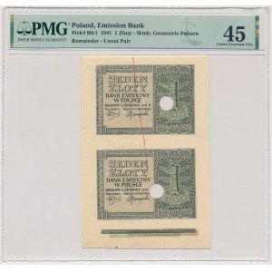 1 gold 1941 - uncut pair - destrukt without numerator and series - PMG 45 - with printing stripes