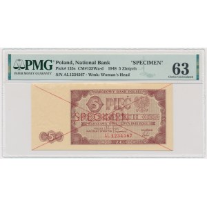 5 złotych 1948 - SPECIMEN - AL - PMG 63