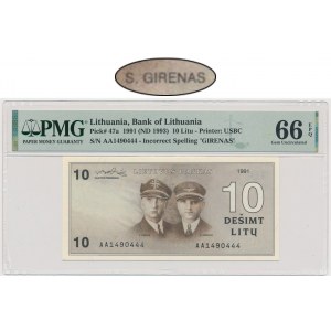 Lithuania, 10 Litu 1991 - AA - PMG 66 EPQ - with error in Girenas