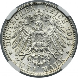 Niemcy, Bawaria, Ludwik III, 2 Marki Monachium 1914 D - NGC UNC DETAILS