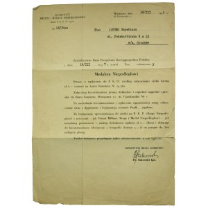 II RP, Payment document for being awarded the Medal of Independence