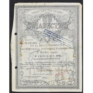 5% Long-term State Loan, temporary certificate 1920, 100 mkp
