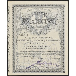 5% Long-term State Loan, temporary certificate 1920, 500 mkp