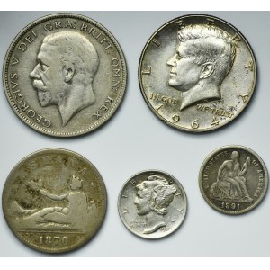 Set, Spain, USA and Great Britain, 2 Pesetas, 1/2 Dollar, 1 Dime and 1/2 Crown (5 pcs)