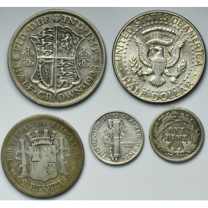 Set, Spain, USA and Great Britain, 2 Pesetas, 1/2 Dollar, 1 Dime and 1/2 Crown (5 pcs)