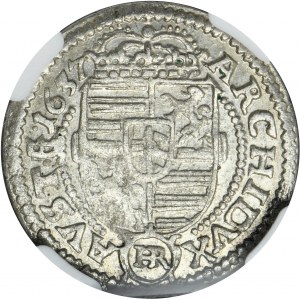 Silesia, Habsburg rule, Ferdinand III, 3 Kreuzer Glatz 1637 HR - NGC AU58
